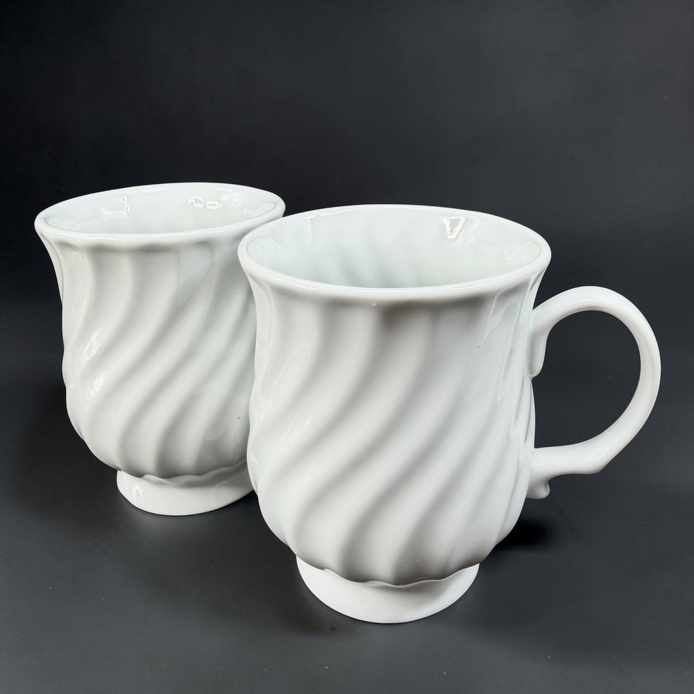 Hitkari Potteries‎ White Swirl Embossed Pedestal Coffee Mugs Cups Set of 2